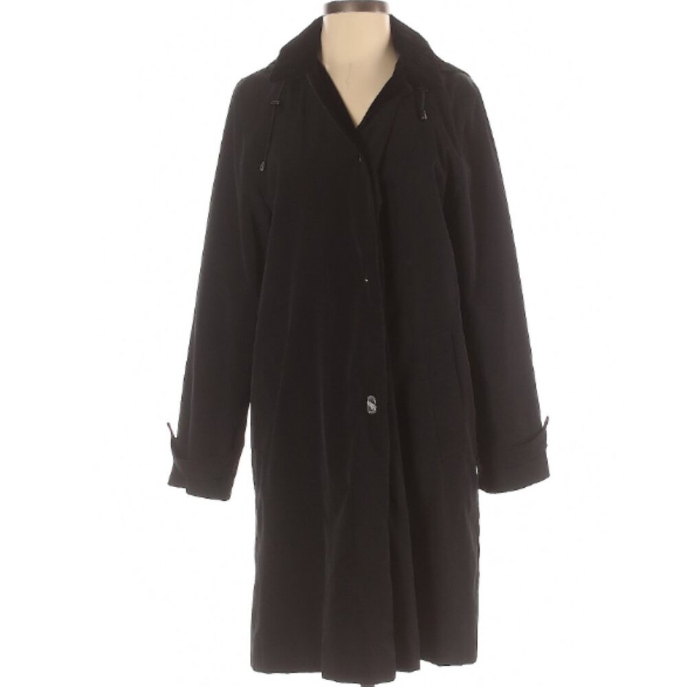 Jones New York VTG insulated hooded Velvet Trimmed trench coat Black Sz Small